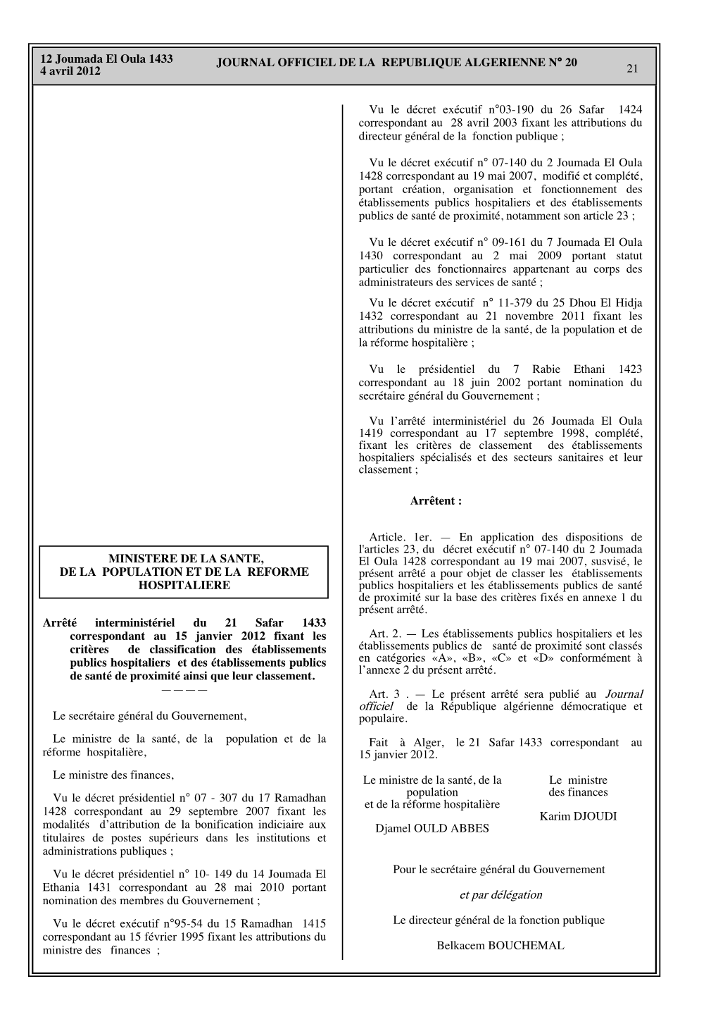 Arrêté Interministériel 15-01-2012