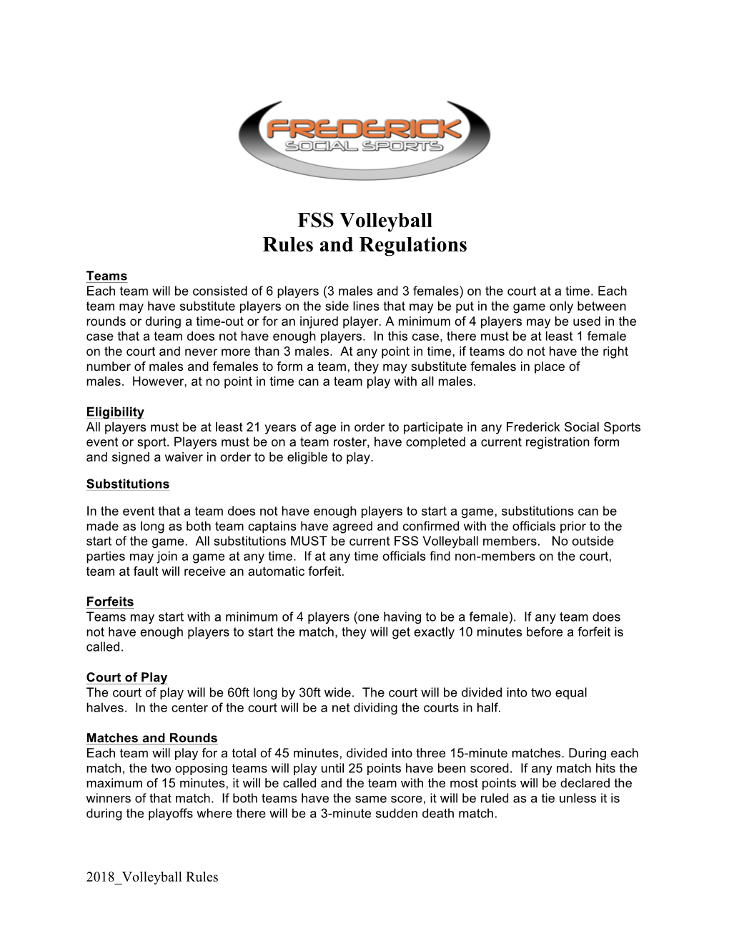 FSS Volleyball Rules and Regulations