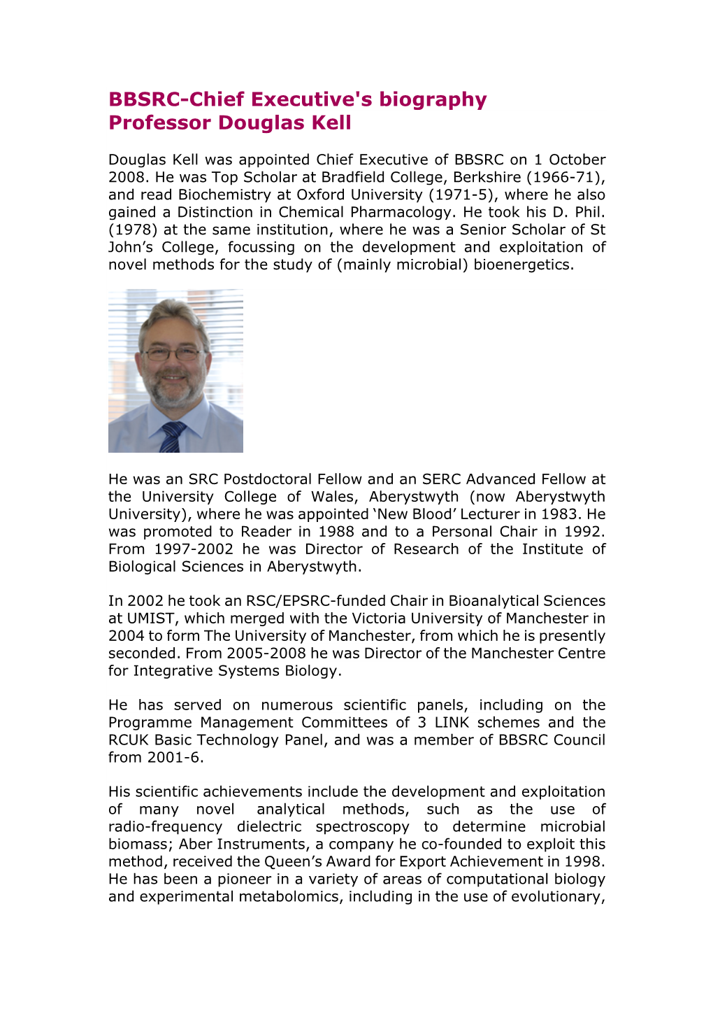 BBSRC-Chief Executive's Biography Professor Douglas Kell