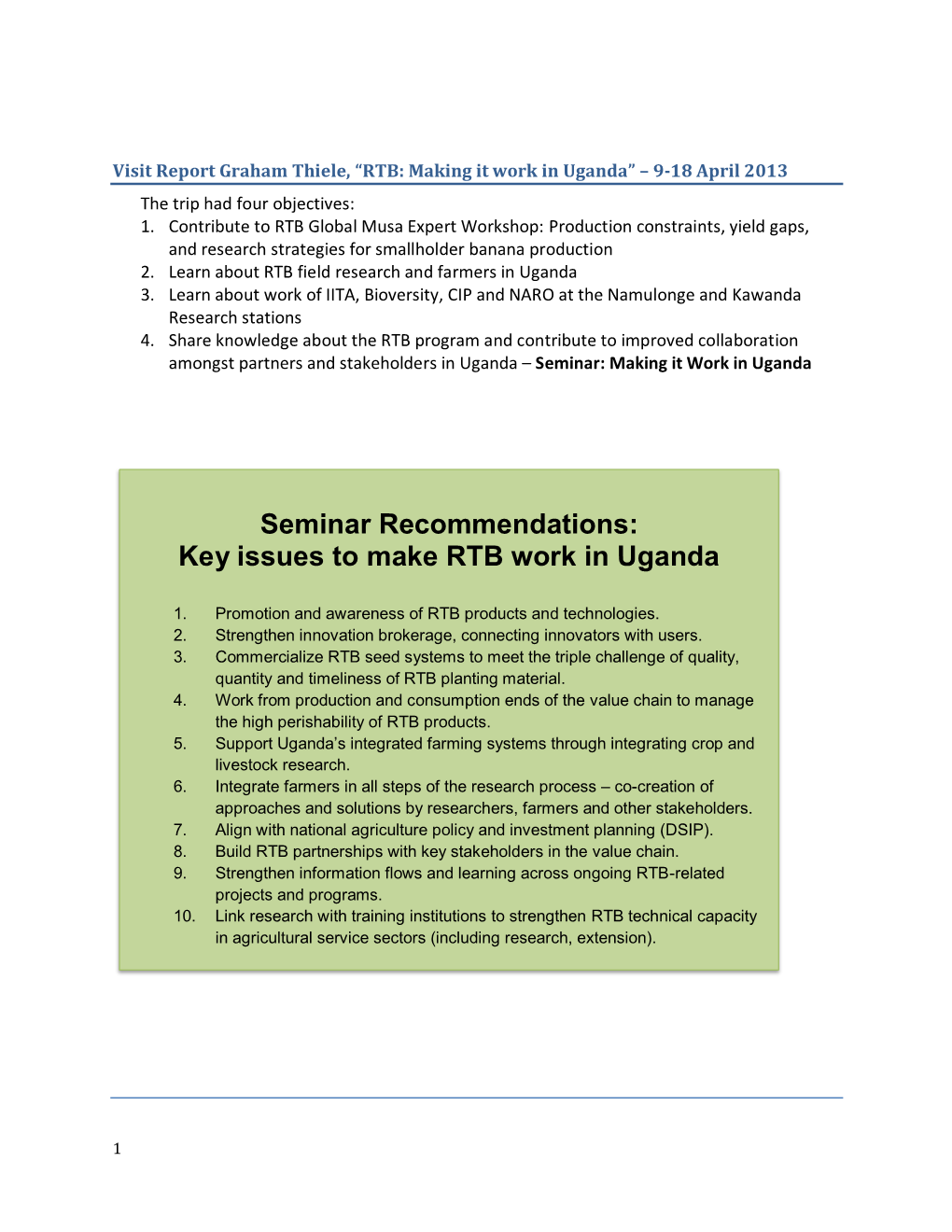 Key Issues to Make RTB Work in Uganda
