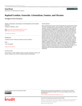 Raphaël Lemkin, Genocide, Colonialism, Famine, and Ukraine Douglas Irvin-Erickson