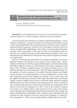 Regional Factor in Transnational Relations: the Experience of Latvia and Lithuania in the 1920S