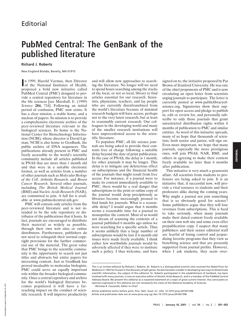 Pubmed Central: the Genbank of the Published Literature