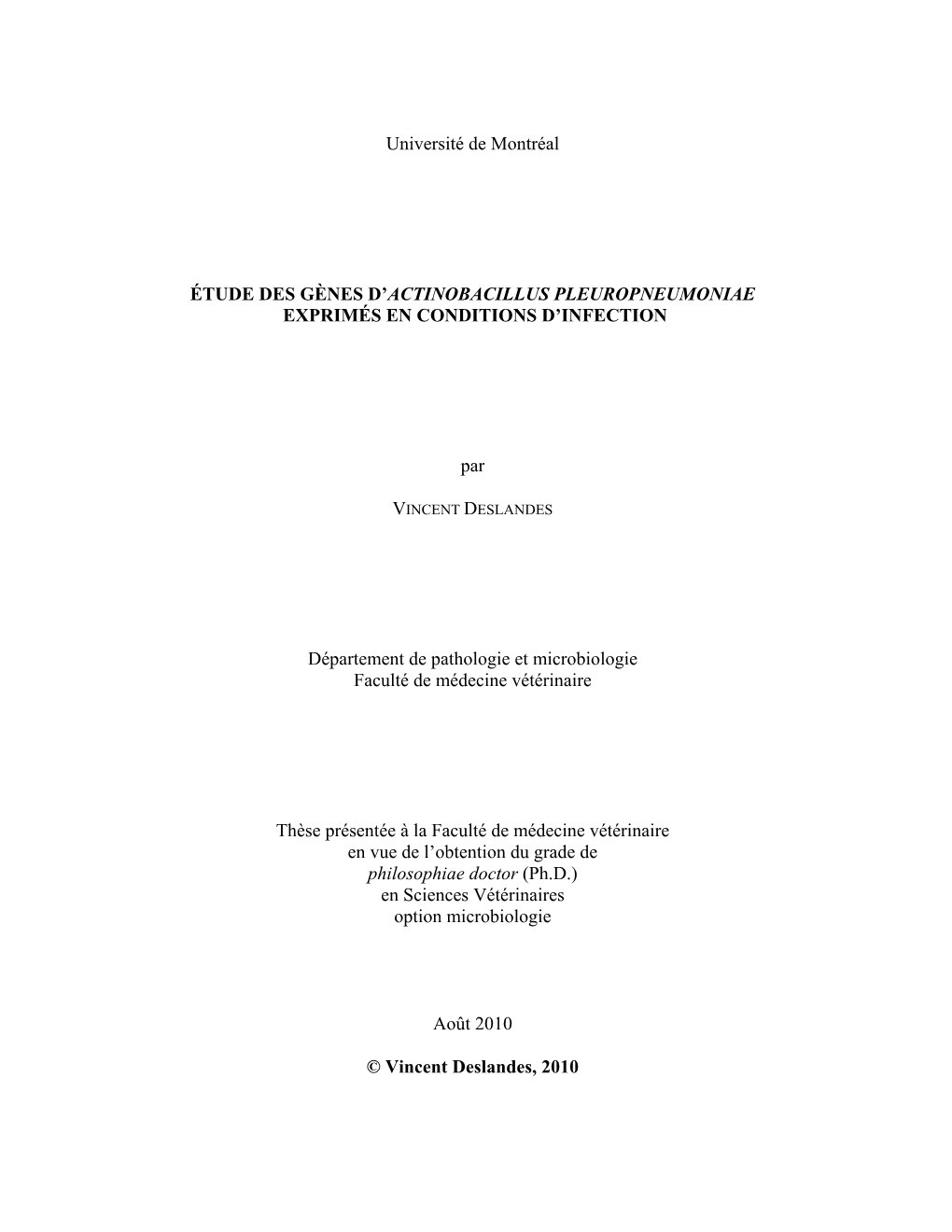 Actinobacillus Pleuropneumoniae Exprimés En Conditions D’Infection