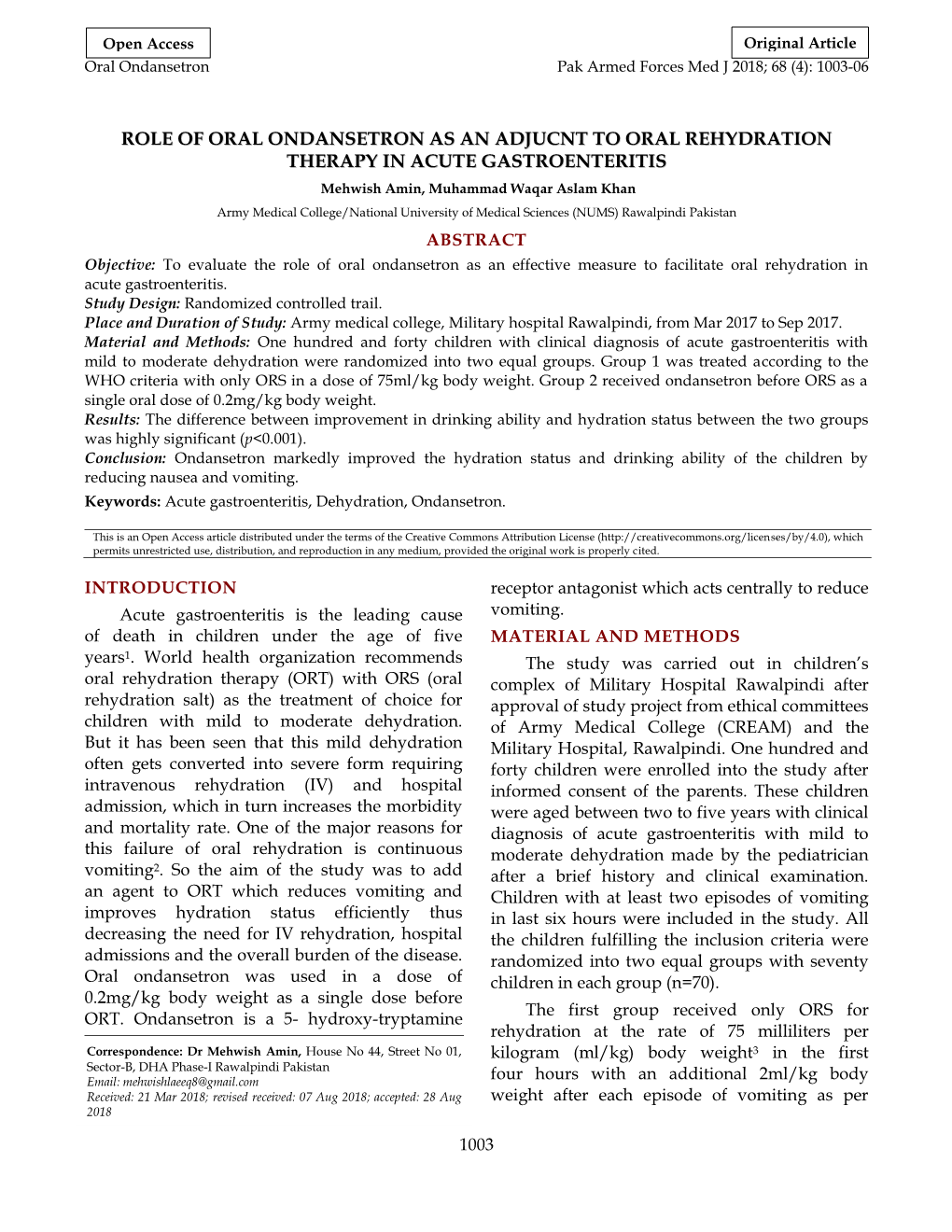 Role of Oral Ondansetron As an Adjucnt to Oral