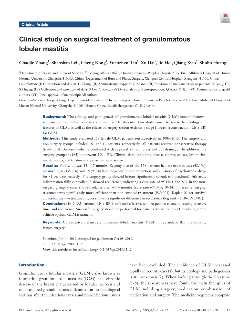 Clinical Study on Surgical Treatment of Granulomatous Lobular Mastitis