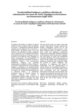 Territorialidad Indígena Y Políticas Oficiales De Colonización: Los Casos De Azul Y Tapalqué En La Frontera Sur Bonaerense (Siglo XIX)