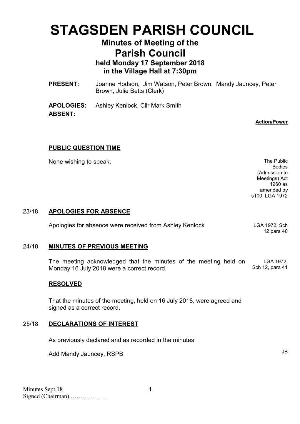 STAGSDEN PARISH COUNCIL Minutes of Meeting of the Parish Council Held Monday 17 September 2018 in the Village Hall at 7:30Pm