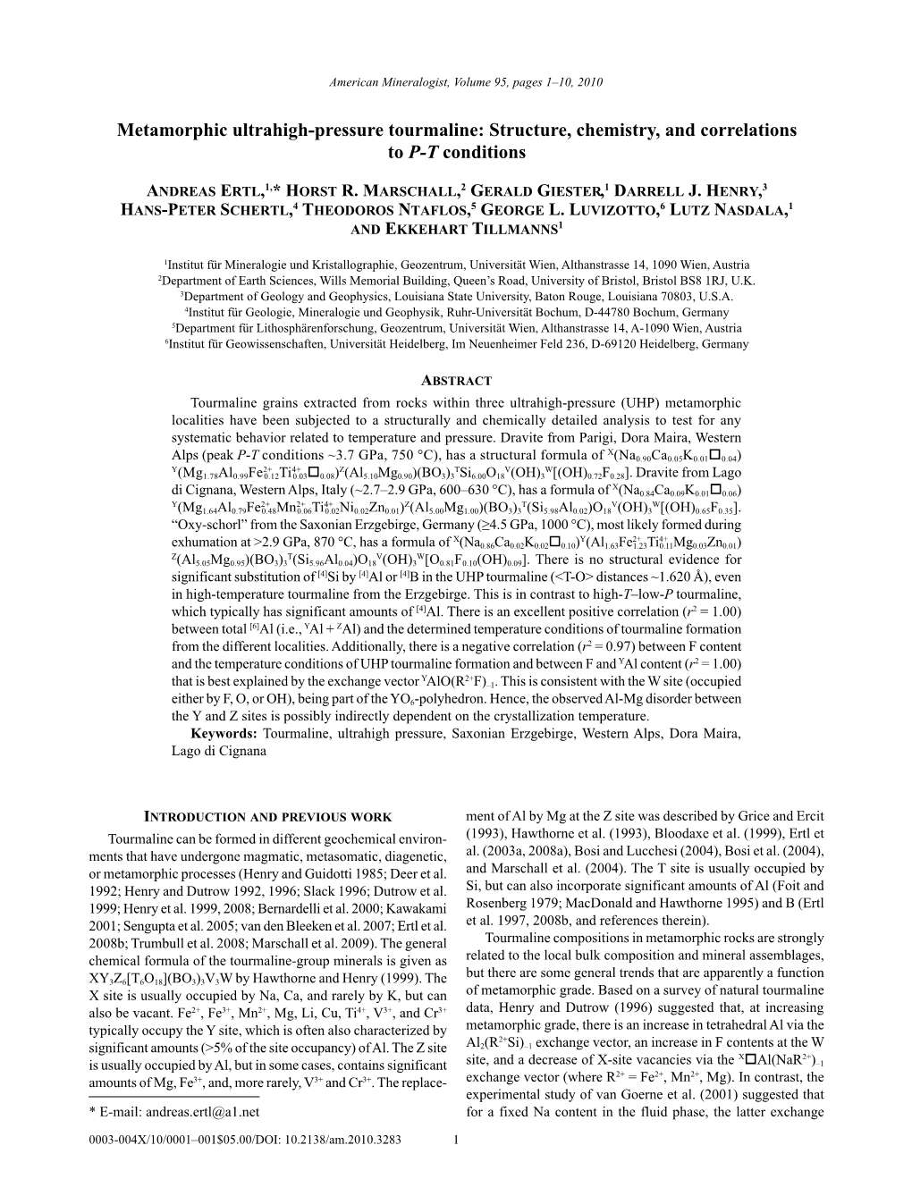 Metamorphic Ultrahigh-Pressure Tourmaline: Structure, Chemistry, and Correlations to P-T Conditions