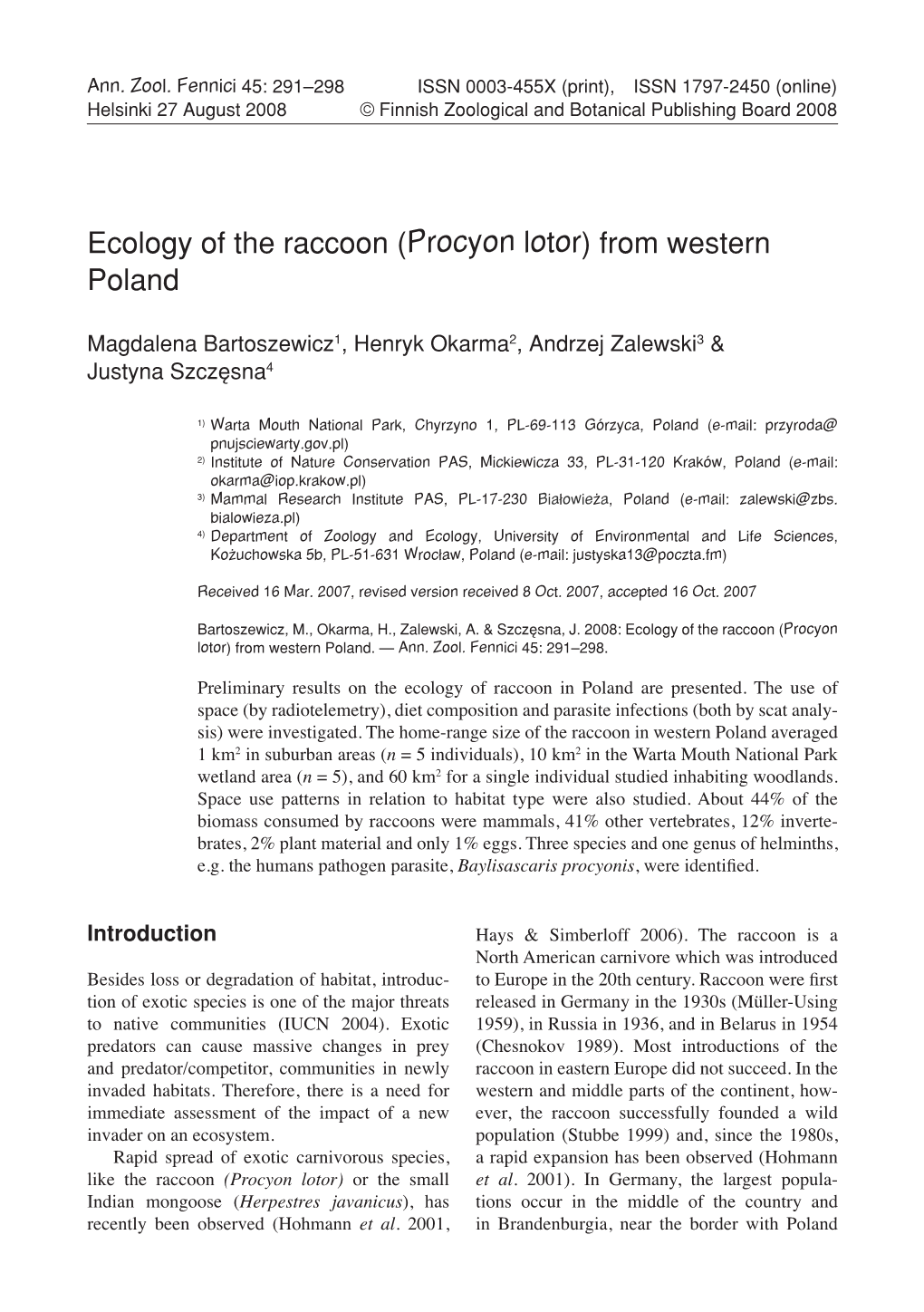 Ecology of the Raccoon (Procyon Lotor) from Western Poland