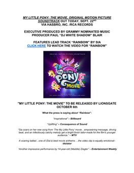 My Little Pony: the Movie, Original Motion Picture Soundtrack out Today, Sept