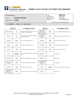 Horse Coat Color / Pattern Test Report