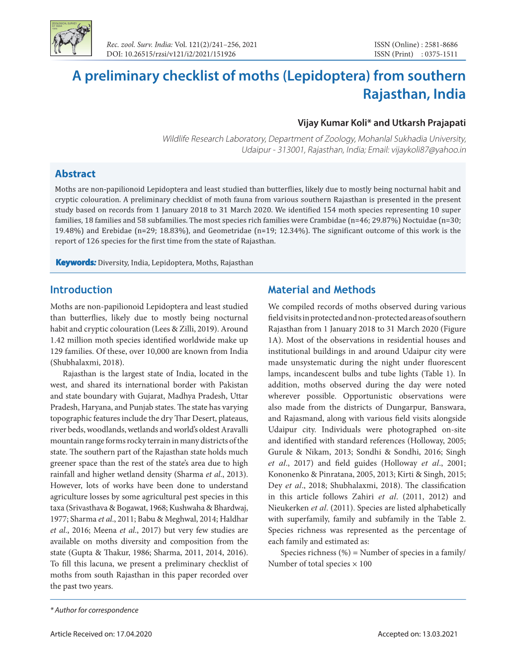 A Preliminary Checklist of Moths (Lepidoptera) from Southern Rajasthan, India