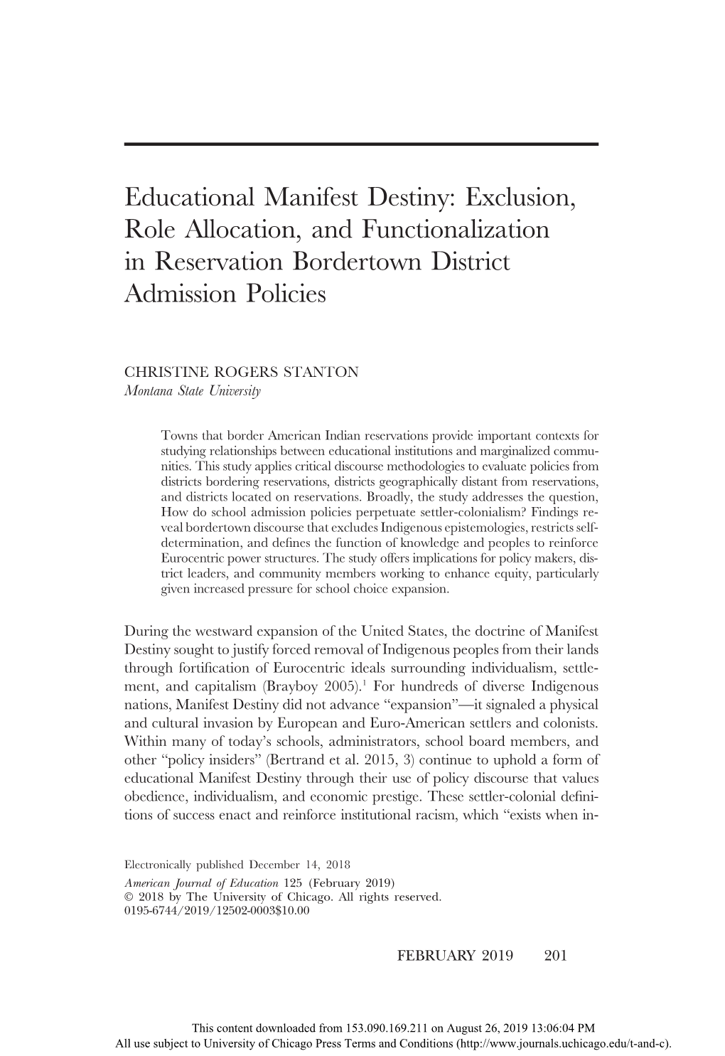 Educational Manifest Destiny: Exclusion, Role Allocation, and Functionalization in Reservation Bordertown District Admission Policies