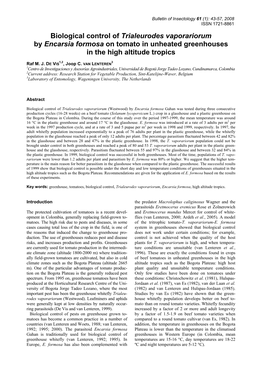 Biological Control of Trialeurodes Vaporariorum by Encarsia Formosa on Tomato in Unheated Greenhouses in the High Altitude Tropics