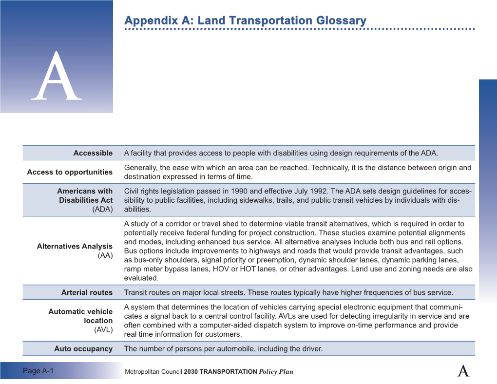 Land Transportation Glossary A
