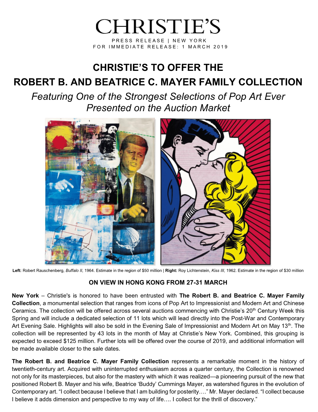 CHRISTIE's to OFFER the ROBERT B. and BEATRICE C. MAYER FAMILY COLLECTION Featuring One of the Strongest Selections of Pop Ar