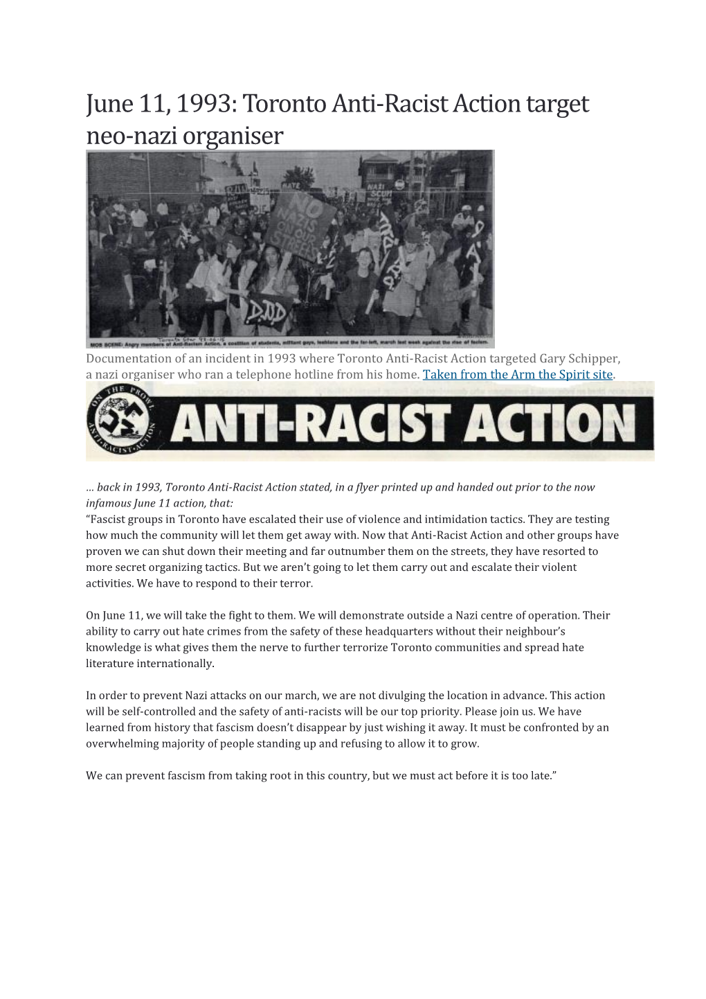 Toronto Anti-Racist Action Target Neo-Nazi Organiser