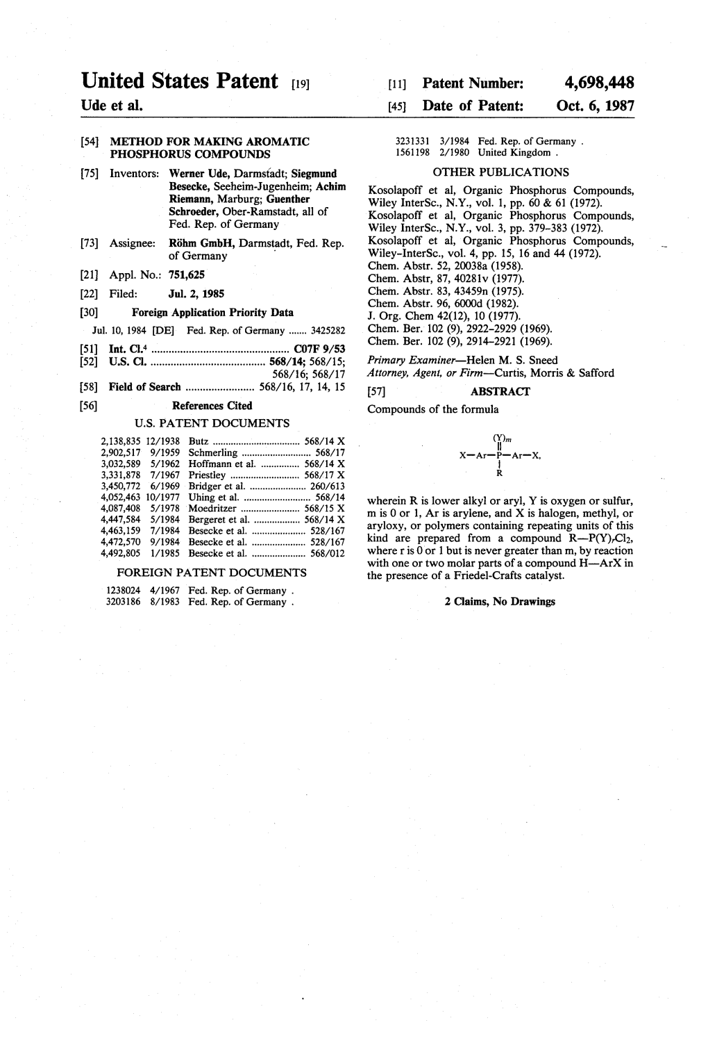 United States Patent (19) 11 Patent Number: 4,698,448 Ude Et Al