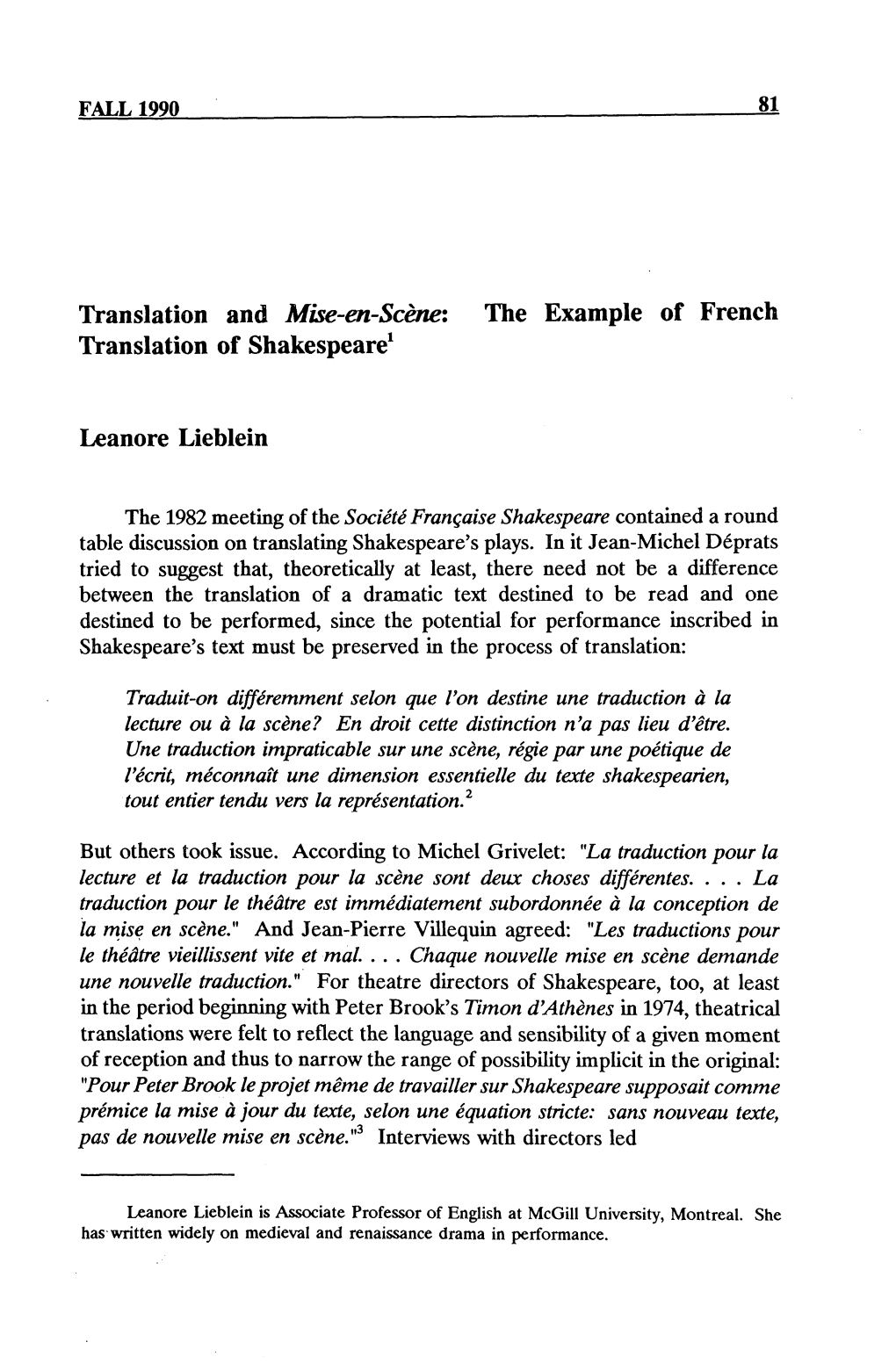 The Example of French Translation of Shakespeare1 Leanore Lieblein