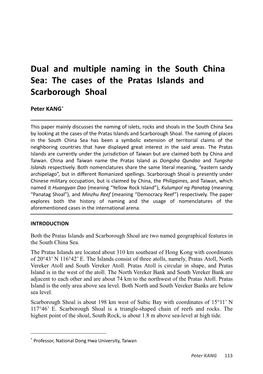 Dual and Multiple Naming in the South China Sea: the Cases of the Pratas Islands and Scarborough Shoal