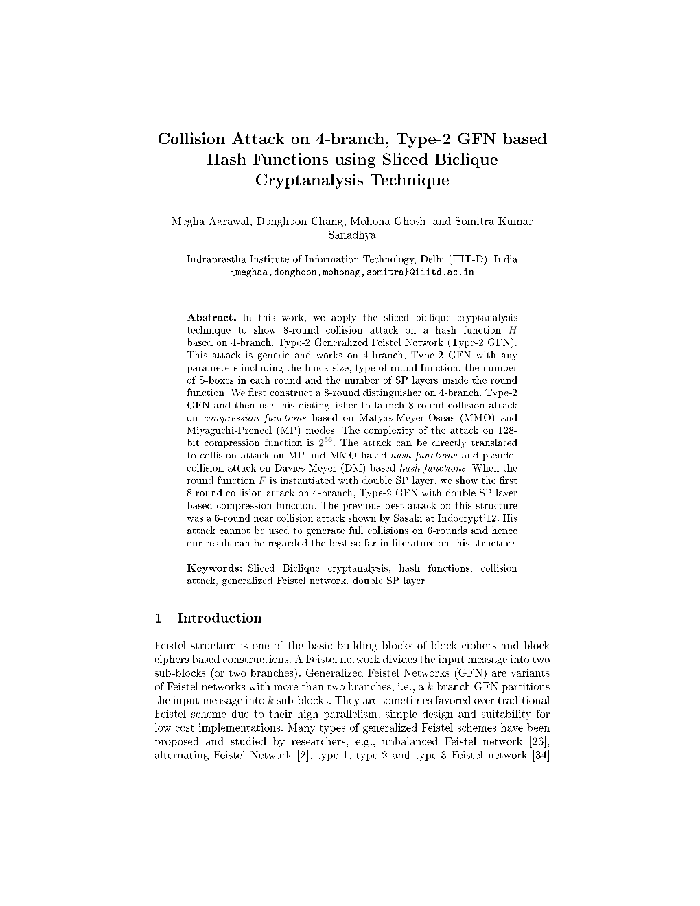 Collision Attack on 4-Branch, Type-2 GFN Based Hash Functions Using Sliced Biclique Cryptanalysis Technique