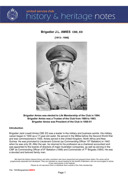 Brigadier J.L. AMIES CBE, ED