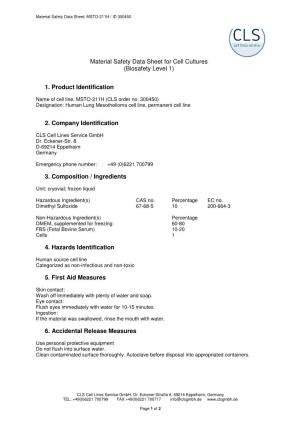Material Safety Data Sheet for Cell Cultures (Biosafety Level 1) 1