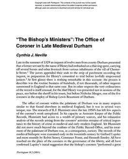 "The Bishop's Ministers":The Office of Coroner in Late Medieval Durham