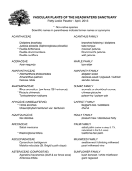 VASCULAR PLANTS of the HEADWATERS SANCTUARY Patty Leslie Pasztor - April, 2013