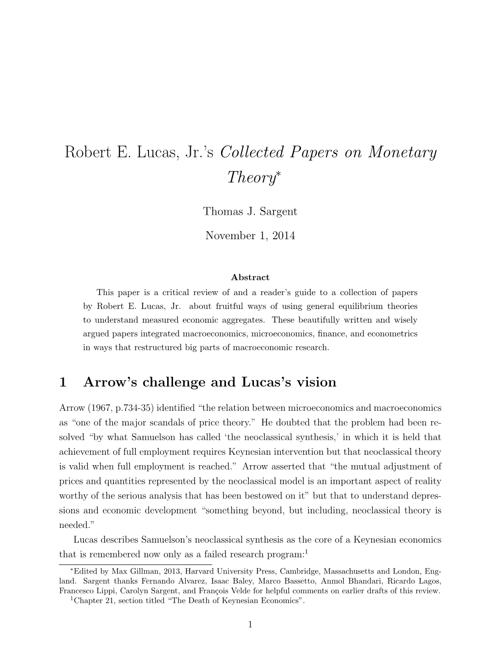 Robert E. Lucas, Jr.’S Collected Papers on Monetary Theory∗