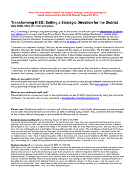 Transforming HISD: Setting a Strategic Direction for the District Help HISD Refine Its Vision and Goals