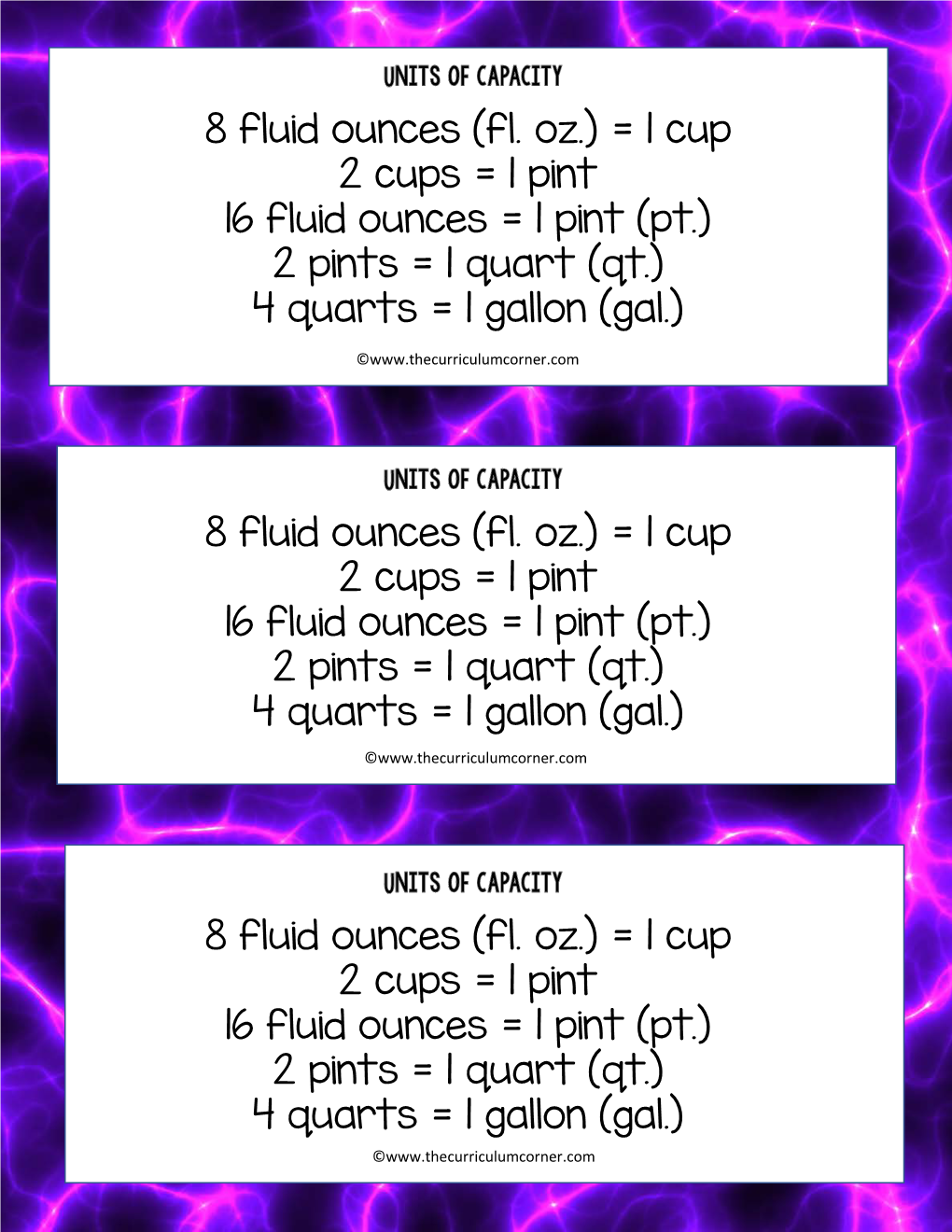 8 Fluid Ounces (Fl. Oz.) = 1 Cup 2 Cups = 1 Pint 16 Fluid Ounces = 1 Pint (Pt.) 2 Pints = 1 Quart (Qt.) 4 Quarts = 1 Gallon (Gal.)