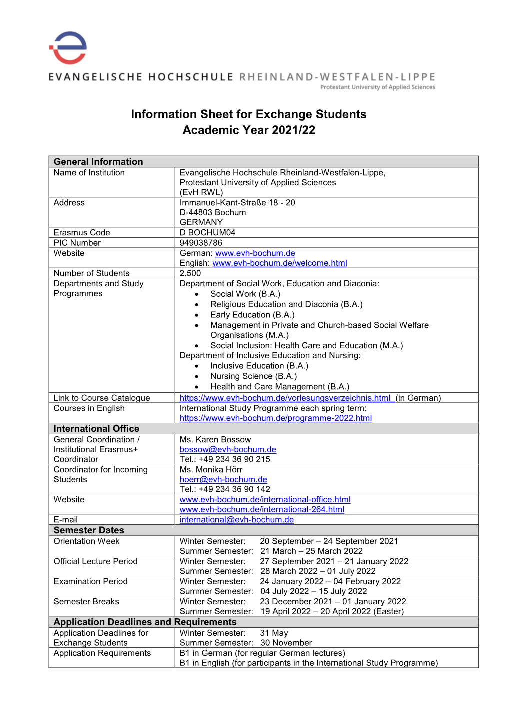 Information Sheet for Exchange Students Academic Year 2021/22