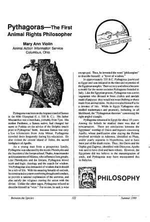 Pythagoras-The First� Animal Rights Philosopher� " Mary Ann Violin Animal Action Information Service Columbus, Ohio