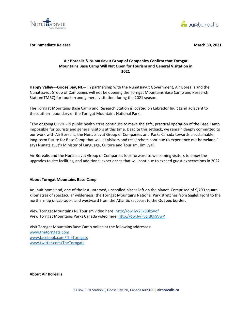 For Immediate Release March 30, 2021 Air Borealis & Nunatsiavut Group of Companies Confirm That Torngat Mountains Base Camp