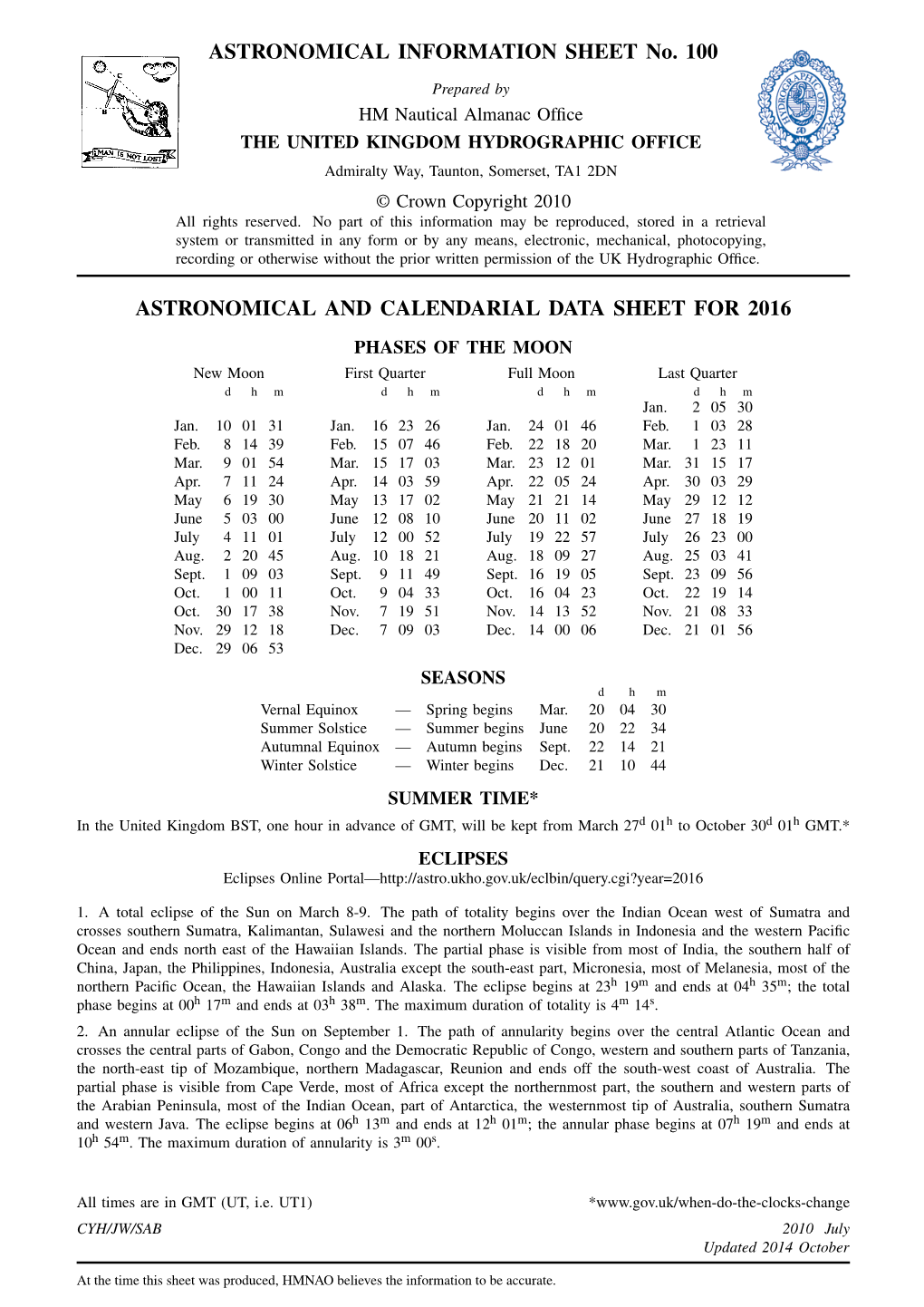 ASTRONOMICAL INFORMATION SHEET No. 100 ASTRONOMICAL