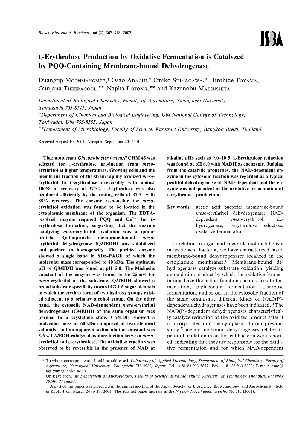 L-Erythrulose Production by Oxidative Fermentation Is Catalyzed by PQQ-Containing Membrane-Bound Dehydrogenase