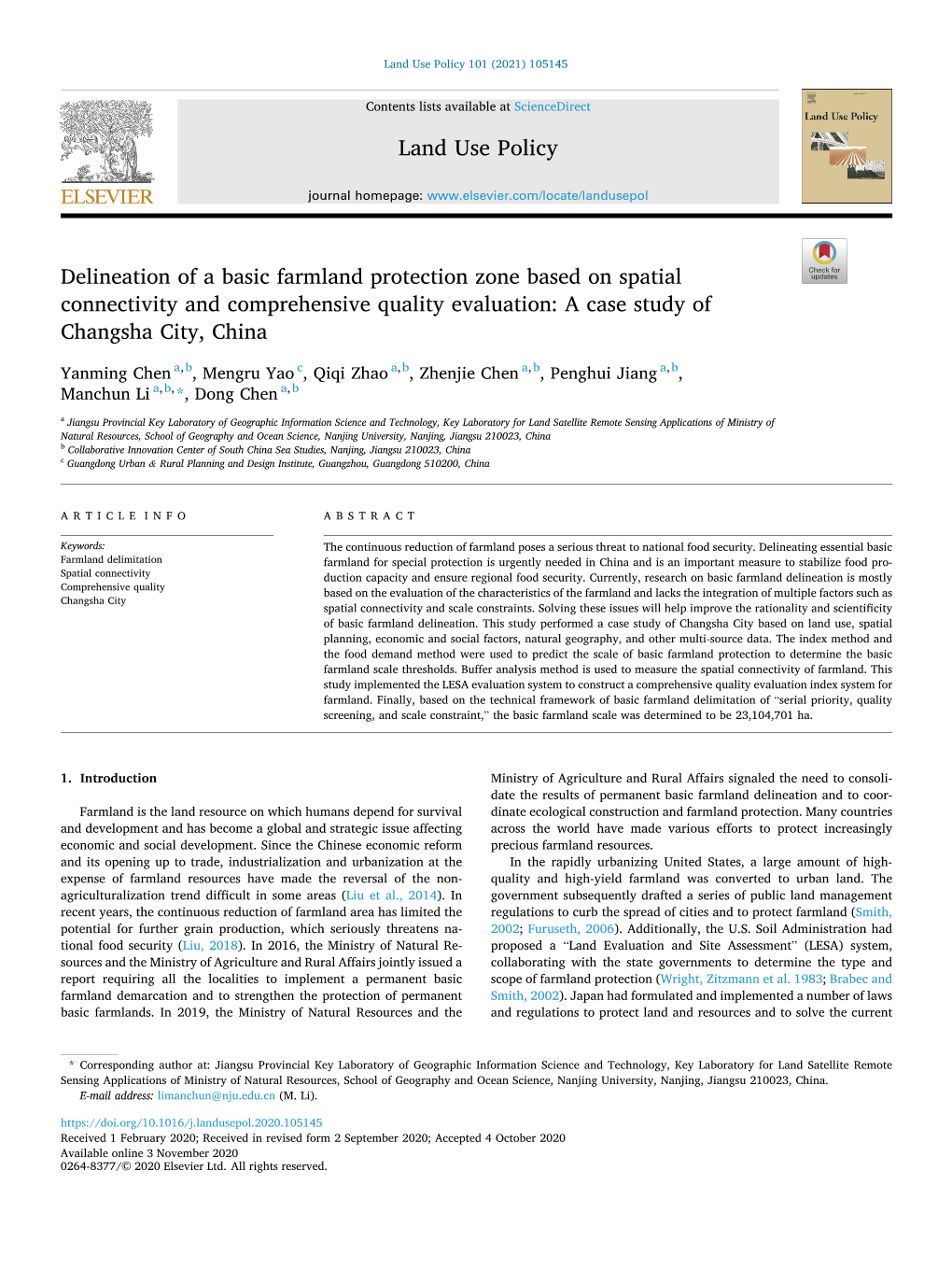 Delineation of a Basic Farmland Protection Zone Based on Spatial Connectivity and Comprehensive Quality Evaluation: a Case Study of Changsha City, China