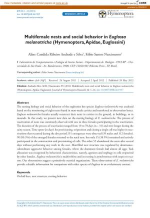 Multifemale Nests and Social Behavior in Euglossa Melanotricha