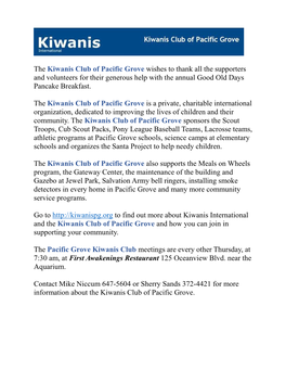 The Kiwanis Club of Pacific Grove Wishes to Thank All the Supporters and Volunteers for Their Generous Help with the Annual Good Old Days Pancake Breakfast