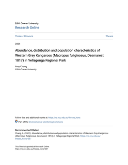Abundance, Distribution and Population Characteristics of Western Grey Kangaroos (Macropus Fuliginosus, Desmarest 1817) in Yellagonga Regional Park