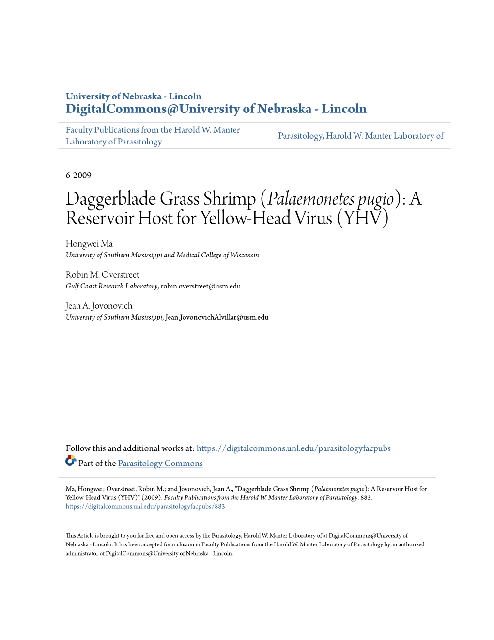 (<I>Palaemonetes Pugio</I>): a Reservoir Host for Yellow-Head Virus