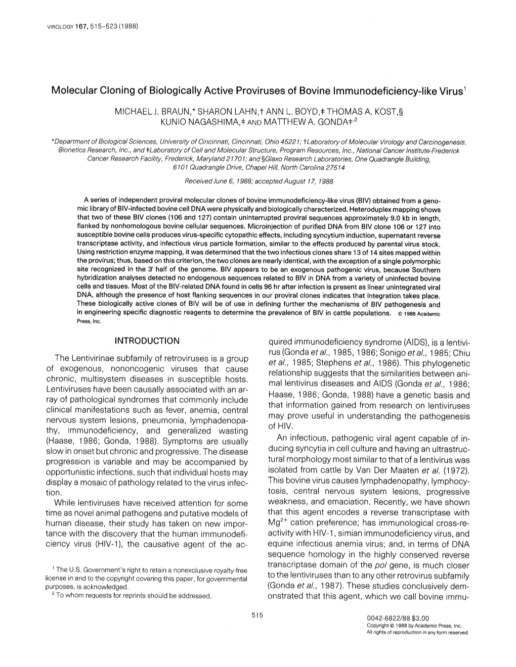 Molecular Cloning of Biologically Active Proviruses of Bovine Immunodeficiency-Like Virus 1