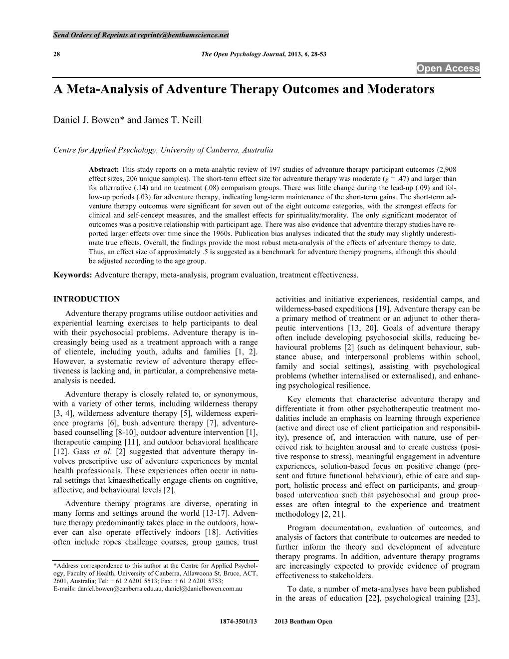 A Meta-Analysis of Adventure Therapy Outcomes and Moderators