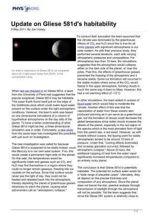 Update on Gliese 581D's Habitability 9 May 2011, by Jon Voisey
