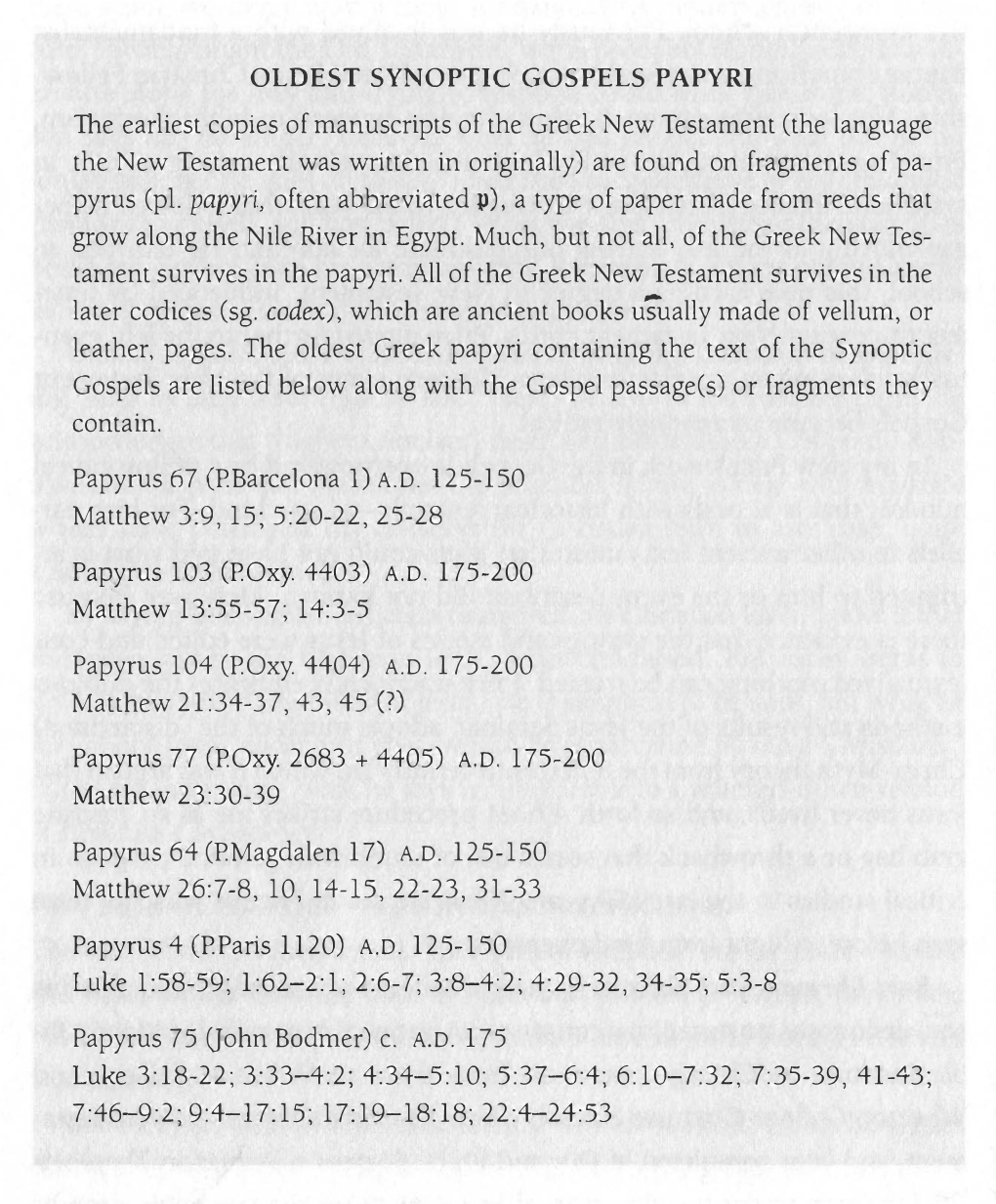 OLDEST SYNOPTIC GOSPELS PAPYRI the Earliest Copies of Manuscripts of the Greek New Testament