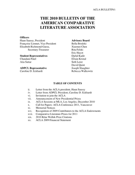 The 2010 Bulletin of the American Comparative Literature Association