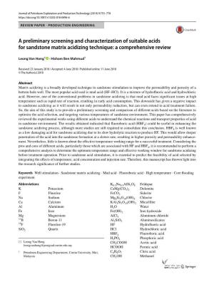 A Preliminary Screening and Characterization of Suitable Acids for Sandstone Matrix Acidizing Technique: a Comprehensive Review
