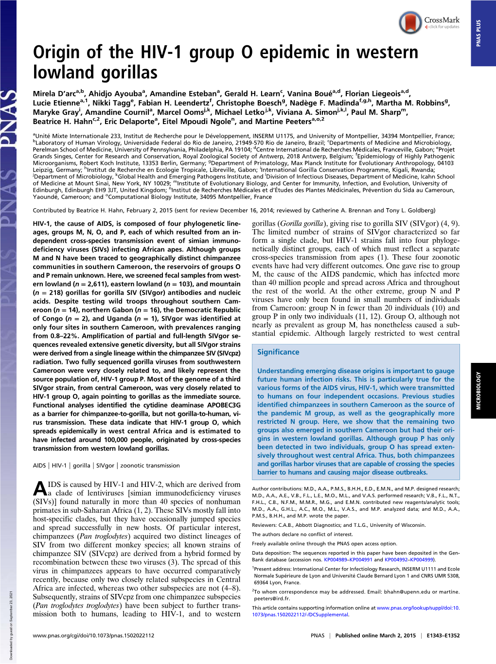 Origin of the HIV-1 Group O Epidemic in Western Lowland Gorillas